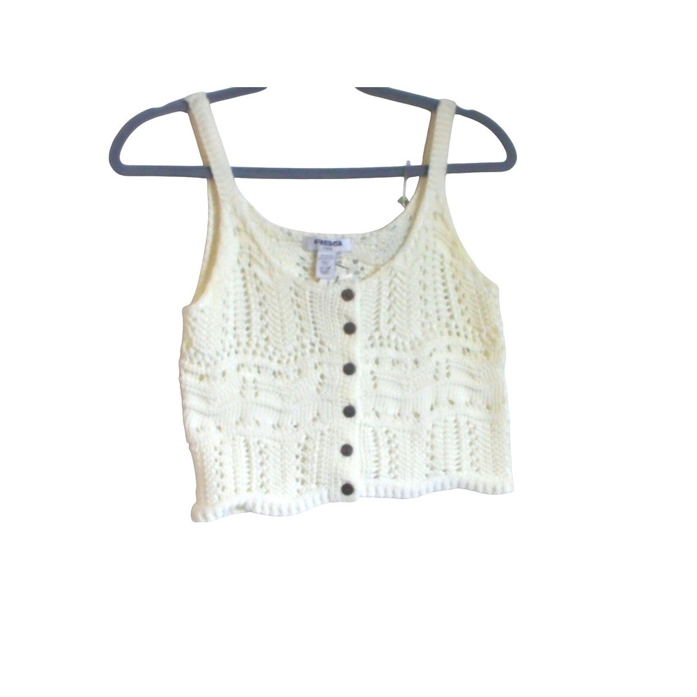 RSQ Ivory Pointelle Knit Crop Tank Top Button Front Cream Crochet Camisole XS